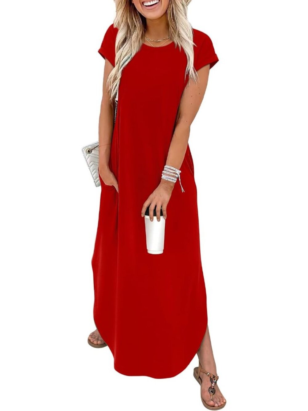 Women's Red Cap Sleeve Crewneck Pockets Beach Vacation Casual Long Maxi Dress